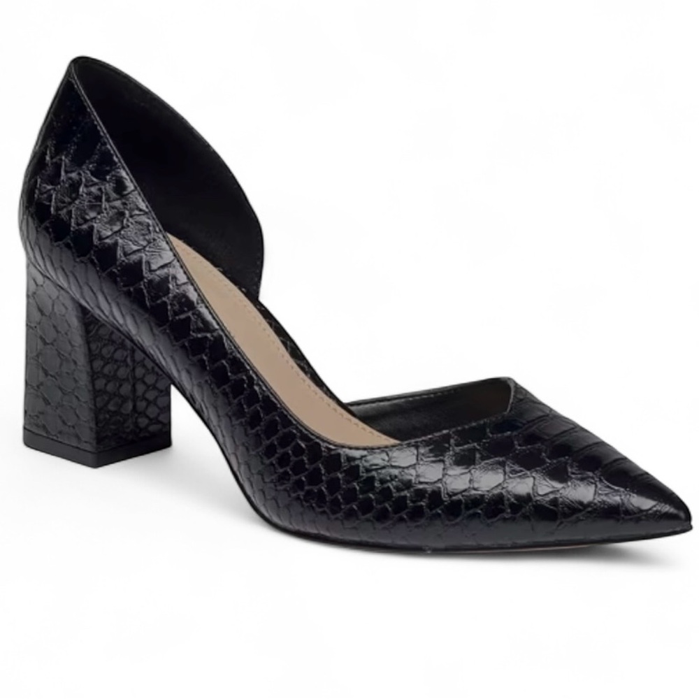 BCBGeneration Sheilah Pump Pointed Toe Half D’orsay Block Heel Black Snake Sz 8